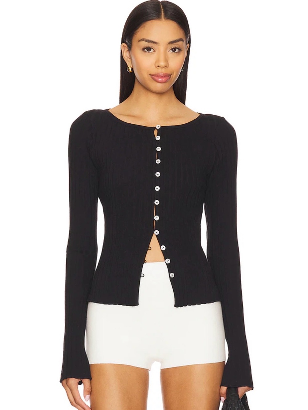 Free People Black Ribbed
Button-Front Long Sleeve Top